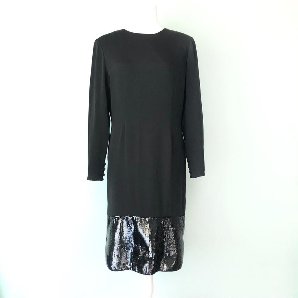 Vtg 80s/90s Bill Blass For Martha Dress Sequin Trim Inky Black Modest NYE